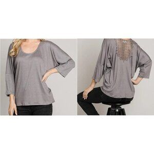 Soft Gray Crinkle Knit Top with Lace Back | Relaxed Fit | NWT